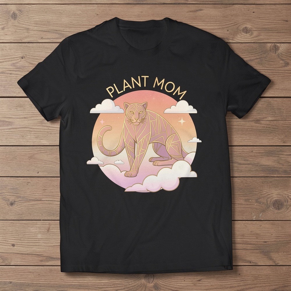 Plant Mom Cat Graphic Tee - Black with Pink & Cream Artwork